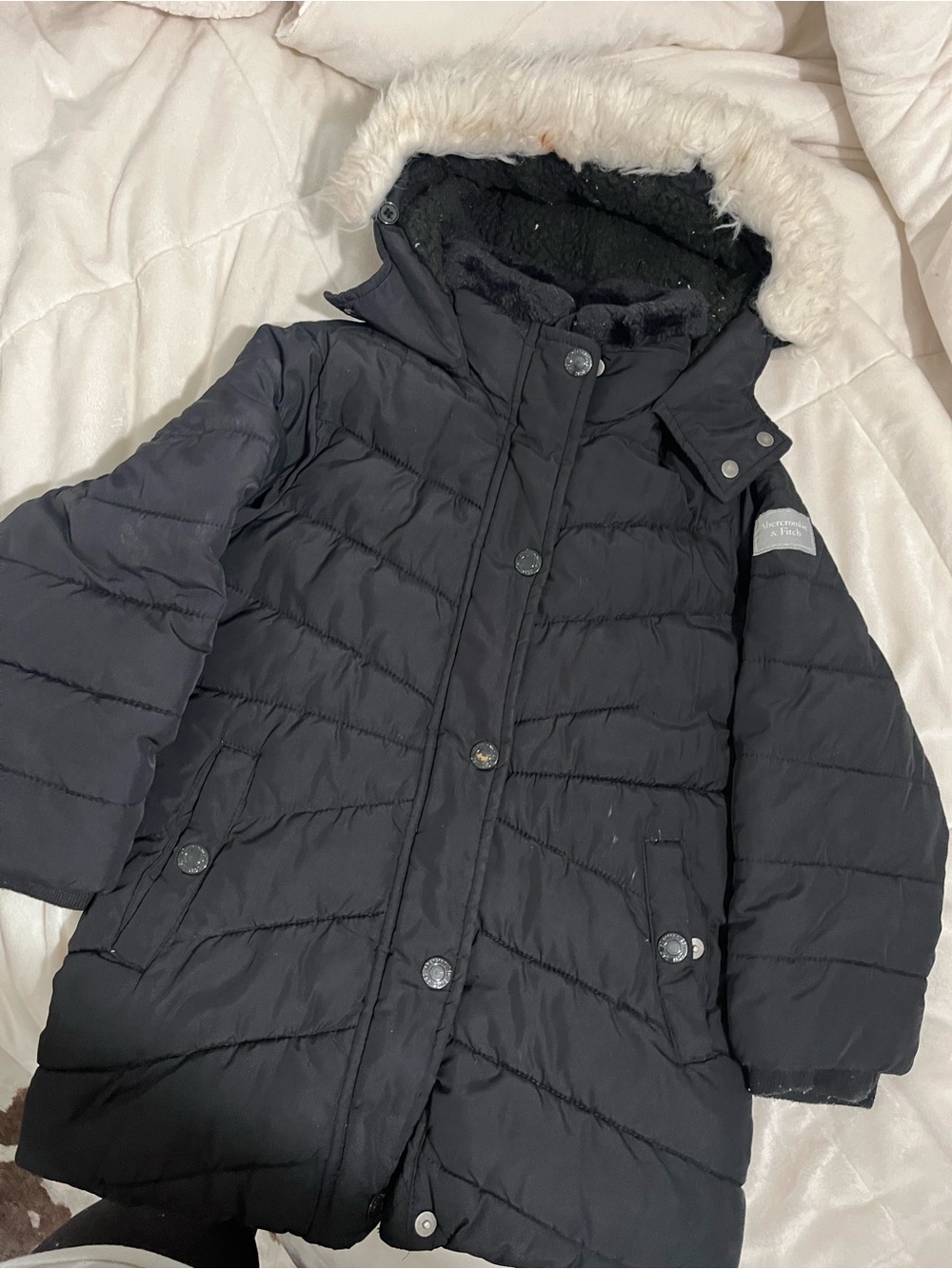 abercrombie kids Black Hooded Puffer Coat with Faux Fur Trim